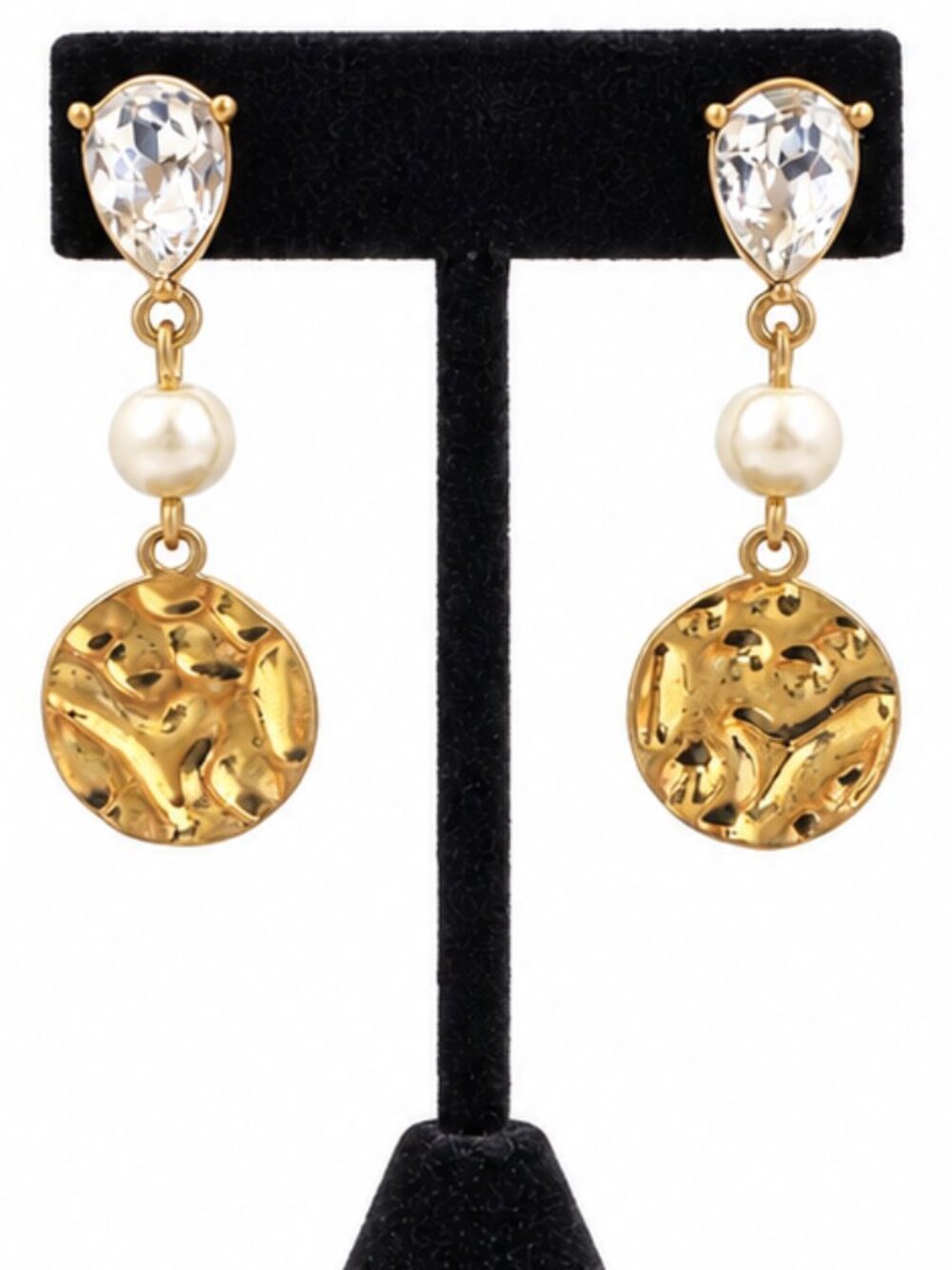 CAbi Gold Drop Earrings with Clear Crystal & Pearl Bead